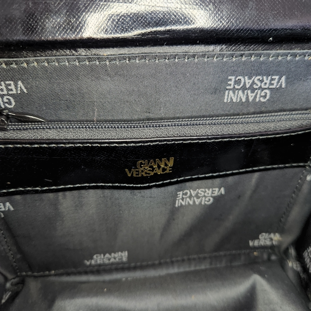 Vintage GIANNI VERSACE Sunburst Motif Hand Bag Leather Black - Picture 9 of 10